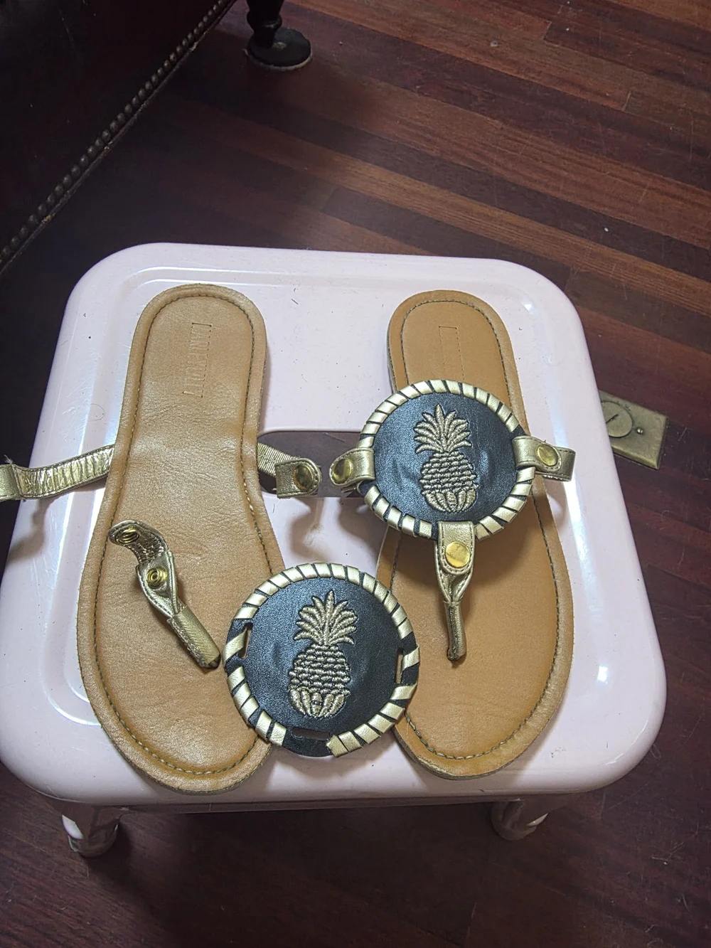 Girls' Navy Anchor Embellished Gold-Trim Thong Sandals